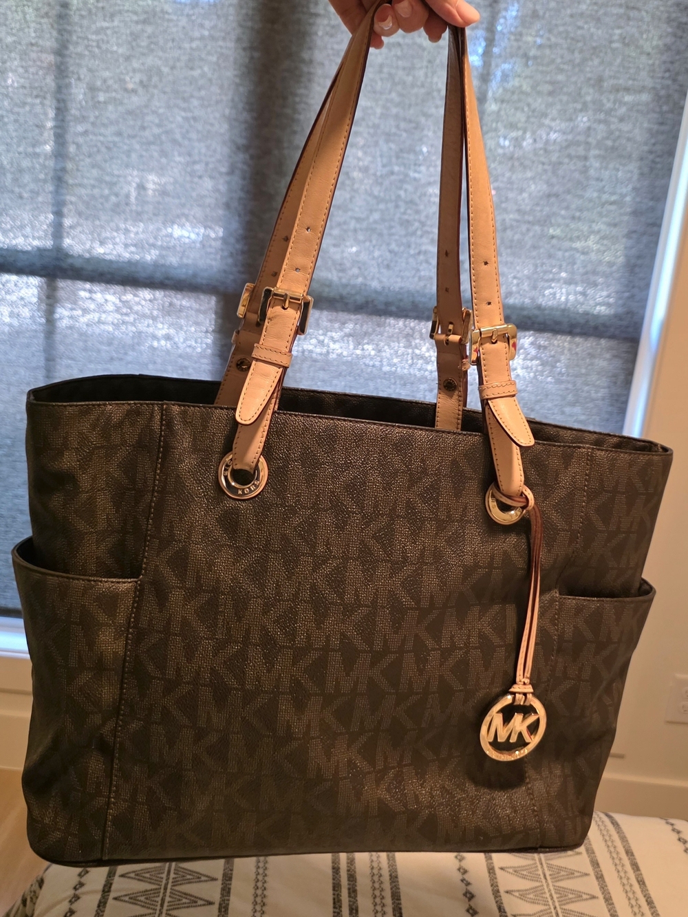 Michael Kors Brown Logo Tote with Tan Straps and Gold Hardware